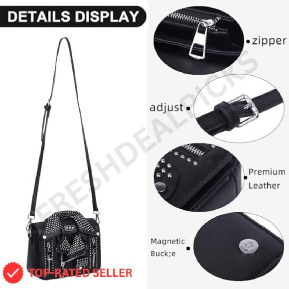 Leather Crossbody Bag Unique Jacket Design Adjustable Strap Chic Evening Purse - Picture 5 of 8